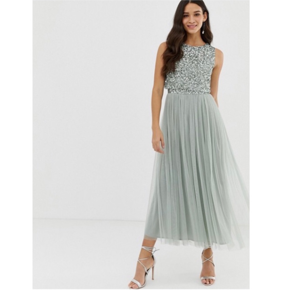 ASOS Maya Bridesmaid Tulle Sequin Midi Sage Dress Green